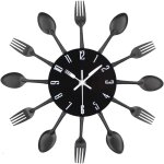 Horloge de cuisine effet miroir avec cuill�re, fourchette, autocollant amovible en 3d pour la d�coration ...