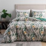 Housse de couette 240260cm motif feuilles beige vert parure de lit botanique fleurie en microfibre avec ...