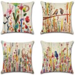 Housses de coussin 45 x 45 cm, lot de 4 housses de coussin en lin, dcorations fleur oiseau de vie pour ...