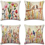 Housses de coussin 45 x 45 cm, lot de 4 housses de coussin en lin, d�corations fleur oiseau de vie pour ...
