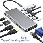 Hub usb c hdmi - adaptateur multiport 12en1, dual hdmi et vga, carte sd / tf, 4 ports usb, docking station ...