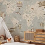 Hxadeco - papier peint enfant carte du monde et montgolfieres papier peint