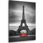 Hxadeco - tableau tour eiffel et 2cv rouge, noir et blanc - 50x80 cm