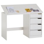 Bureau enfant emma, en pin massif, 4 tiroirs et plateau inclinable, lasur blanc