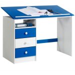 Bureau enfant kevin, en pin massif, 3 tiroirs et plateau inclinable, lasuré blanc et bleu Bureau enfant kevin, en pin massif, 3 tiroirs et plateau inclinable, lasuré blanc et bleu
