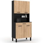 Idmarket - buffet de cuisine 80 cm cina 4 portes + tiroir noir et fa�on h�tre