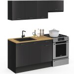 Idmarket - cuisine compl�te 180 cm subtil avec plan de travail 5 �l�ments noir et plateaux bois