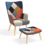Idmarket - fauteuil scandinave ivar avec repose pieds en tissu patchwork multicouleurs et imprim pied ...