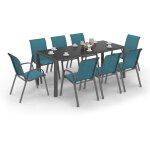 Salon de jardin madrid table 190 cm et 8 chaises empilables bleu canard