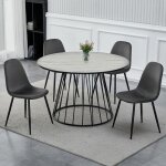 Mobilier deco - ilayda - table  manger ronde effet marbre blanc pied central design mtal noir