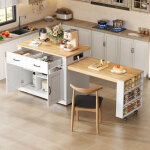 �lot de cuisine avec table extensible, prises usb, 7 roulettes, 132(235)x70x90 cm, mdf blanc et ch�ne ...