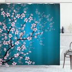 Japonais rideau de douche, motif sakura bloom, tissu ensemble de d�cor de salle de bain avec crochets, ...