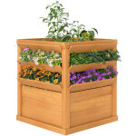 Jardini�re sur�lev�e avec treillis, bac � fleurs en bois 65 x 65 x 60 cm, brun caramel