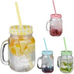 Jarres avec paille et couvercle, en lot de 4, volume : 500 ml, design rtro, verre avec anse, multicolore ...