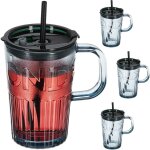 Jarre avec paille, couvercle et anse, lot pratique de 4, volume : 450 ml, pour votre smoothie, grise ...