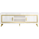 Jemma - meuble tv 2 portes laqu� blanc et d�cor dor� avec leds