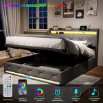 Jookgbd - lit coffre 140x200 cm, lit double tapissier avec �clairage led et ports usb, rangement hydraulique, ...
