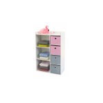 Commode enfant blanche en mdf ? 4 paniers rose et gris ? dimensions 62x29, 5x96 cm pour rangement jouets ...