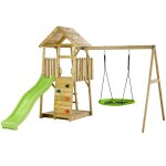 Aire de jeux portique en bois woodi - double balanoire et nid 100cm, toboggan, mur d'escalade, bac ...