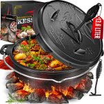 Dutch oven set bbq, mijoteuse, casserole en fonte avec anse pour soulever le couvercle et fente pour ...