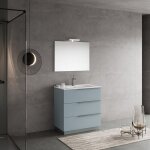 Meuble de salle de bains sur pied 80cm tiroirs bleu ciel, miroir et lampe new york