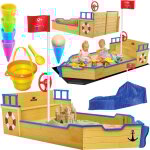 Bac  sable ahoi - bateau pirate bateau  voile en bois avec couvercle plancher banc mt de drapeau jouets ...