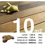 Kit complet terrasse bois exotique ipe pour 10 m� ? lames 1, 25 m, lambourdes 1, 55 m, plots r�glables ...