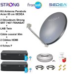 M - e - kit parabole acier 85 cm anthracite + lnb twin hd 4k + 2 dcodeurs srt 7407 fransat + cble coax ...