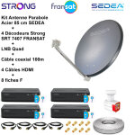 Kit parabole acier 85cm anthracite + lnb quad hd 4k + 4 d�codeurs srt 7407 fransat + c�ble 100m + 4 c�bles ...