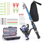 Kit de pche complet : canne tlescopique 1, 5m avec moulinet  giratoire, hameons, appts mous, palangriers ...