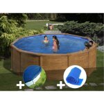 Kit piscine acier aspect bois gr mauritius ronde 3, 70 x 1, 32 m + bche hiver + bche  bulles