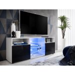 Meuble banc tv urbino, blanc / noir, largeur 140cm x hauteur 53cm x profondeur 35cm, sans led, pour salon, ...