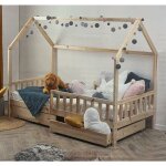 Kontarboor - lit cabane pour enfant en bois naturel 90x190 cm avec 2 tiroirs