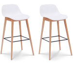 Lot de 2 tabourets de bar blancs style scandinave avec pieds en bois naturel - hauteur 66 cm