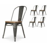 Lot de 4 chaises en m�tal brut aspect galvanis� et assise en bois clair - style industriel