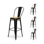Kosmi - lot de 4 tabourets de bar en m�tal noir mat style industriel avec dossier haut et assise en bois ...