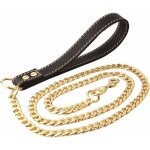 Laisse pour chien en m�tal dor� avec poign�e en cuir dor�