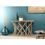 Clara - console plateau rectangulaire bois de teck - pieds bois flott