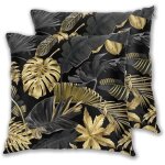 Linghhang - housses de coussin, feuilles tropicales or et noir sur fond sombre housse coussin 45x45 cm ...