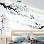 Linghhang - stickers muraux branche de fleur autocollant mural fleurs bleues arbre oiseaux d�coration ...
