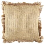 Coussin � franges en polyester et lin 40x40 cm collection raphia beige dor�