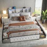 Lit 160x200 cm, avec 4 tiroirs de rangement, �clairage led orientable, usb et type - c, cloisons ouvertes, ...