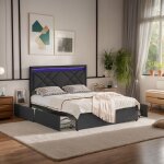 Lit 160x200 cm avec tiroirs, lit 2 personnes led avec rangement, recharge usb et type c, cadre de lit ...