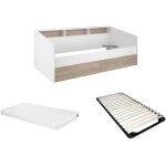 Lit 90 x 190 / 200 cm avec rangements - blanc et naturel + sommier + matelas - paulette