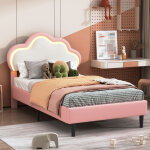 Lit 90x200cm, lit d'enfant simple avec sommier � lattes et t�te de lit en forme de nuage led, simili ...