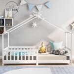 Lit 90x200cm de maison pour enfants en bois massif - avec barrire et sommier  lattes - blanc