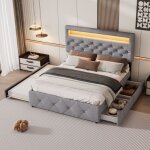 Lit adulte 140x200 cm, lit double avec lit gigogne 90x190 cm, lit avec tiroirs et table de chevet, tissu ...