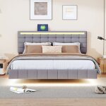 Okwish - lit adulte 160x200 cm lit double rembourr�, cadre de lit flottant avec lumi�res led et t�te ...