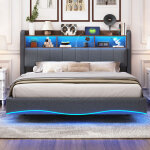 Lit adulte 160x200 cm avec lumi�re led, ports usb et type - c, compartiment de rangement, sans matelas, ...