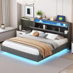 Lit adulte 160x200 cm avec prise usb et �clairage led, rangement de chevet, pied dissimul�, en tissu ...